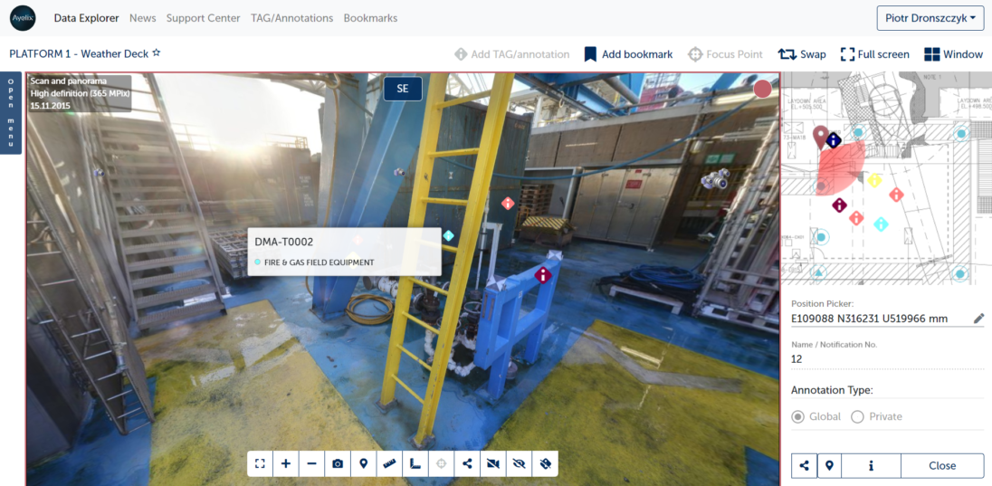 High-definition panoramic view of Platform 1's weather deck, featuring fire and gas field equipment (DMA-T0002), metal stairs, and various tools. The image captures the industrial setting, highlighting safety features and equipment organization.