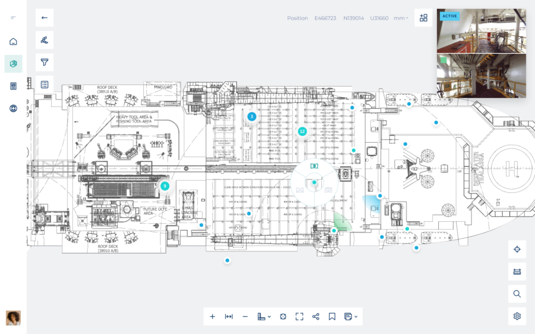Detailed architectural blueprint of a facility featuring marked areas for heavy tools, fishing tools, and various operational zones. The layout includes a roof deck and multiple labeled sections, with a navigation interface visible on the side for enhanced user interaction.