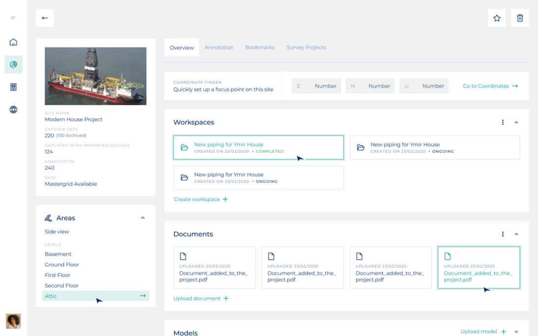 Dashboard interface for the Modern House Project, displaying project details, workspaces, document uploads, and area levels including attic, basement, and floors. Features include annotations, bookmarks, and a coordinate finder for efficient project management.