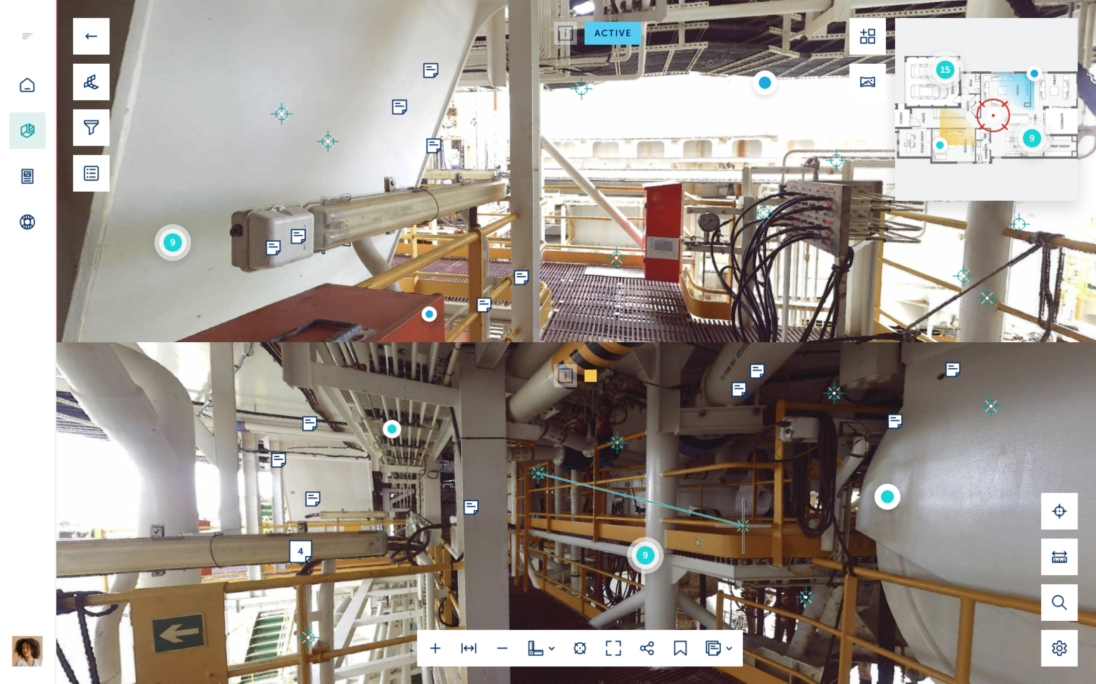 Interior view of an industrial facility showcasing equipment and structural elements, including pipes, railings, and safety signs, with interactive markers for navigation and information.