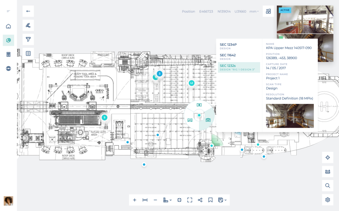 Detailed architectural plan of KPA Upper Mezzanine, featuring labeled sections (SEC 1234P, SEC 11642, SEC 123s) and interactive elements for project management. Includes metadata such as capture date (14/05/2017), project name (Project 1), and scan type (Design) in a user-friendly interface.